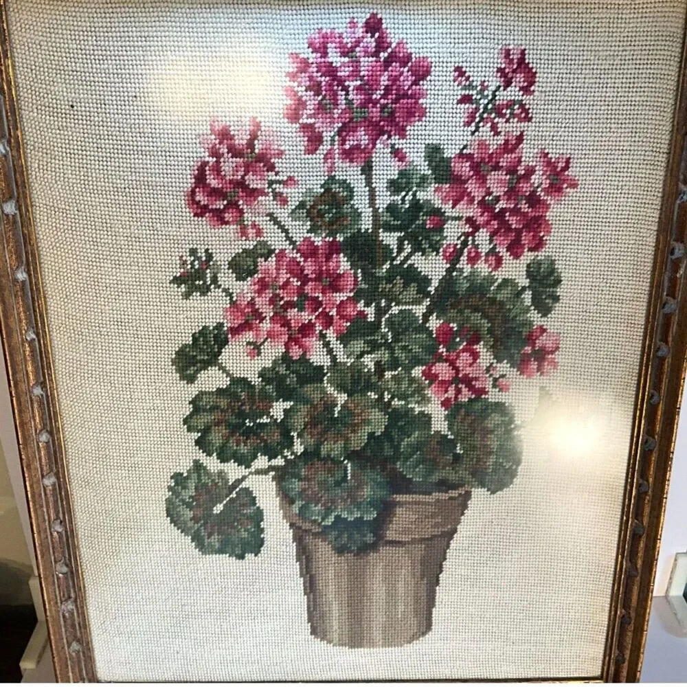 Absolute best vintage framed needlepoint potted pink geraniums large size